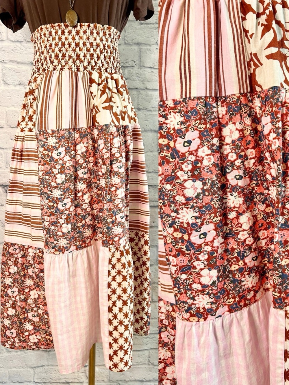 Fall Patchwork Maxi Skirt Floral Striped Smocked 100% Cotton Cottagecore Boho